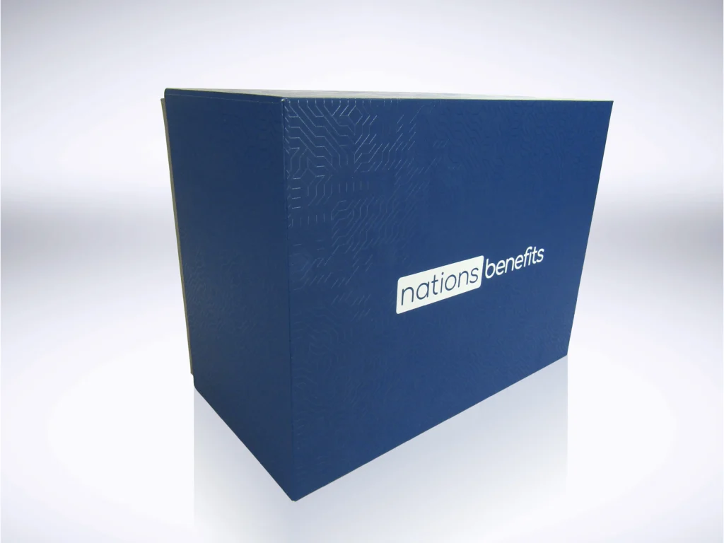 Luxury custom luxury gift box designed and produced by Fastkit for Nation brand, presented at the front angle featuring premium materials with clean branded print and magnetic closure
